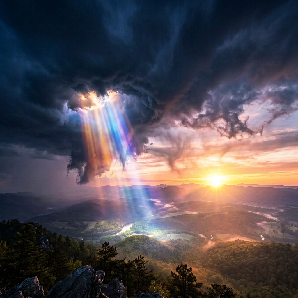 Mountain landscape at sunset with dark storm clouds and a glowing sun near horizon