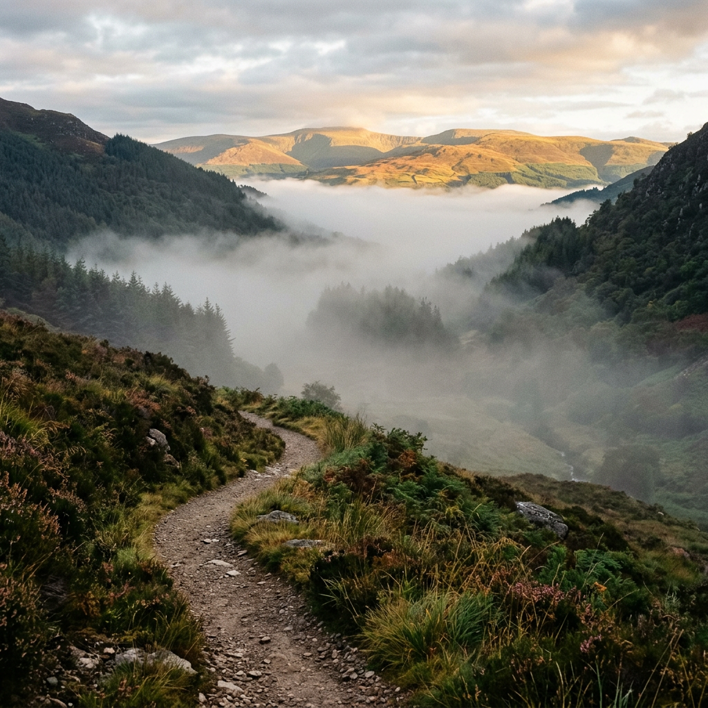 Rocky mountain trail winding through misty, forested hills
