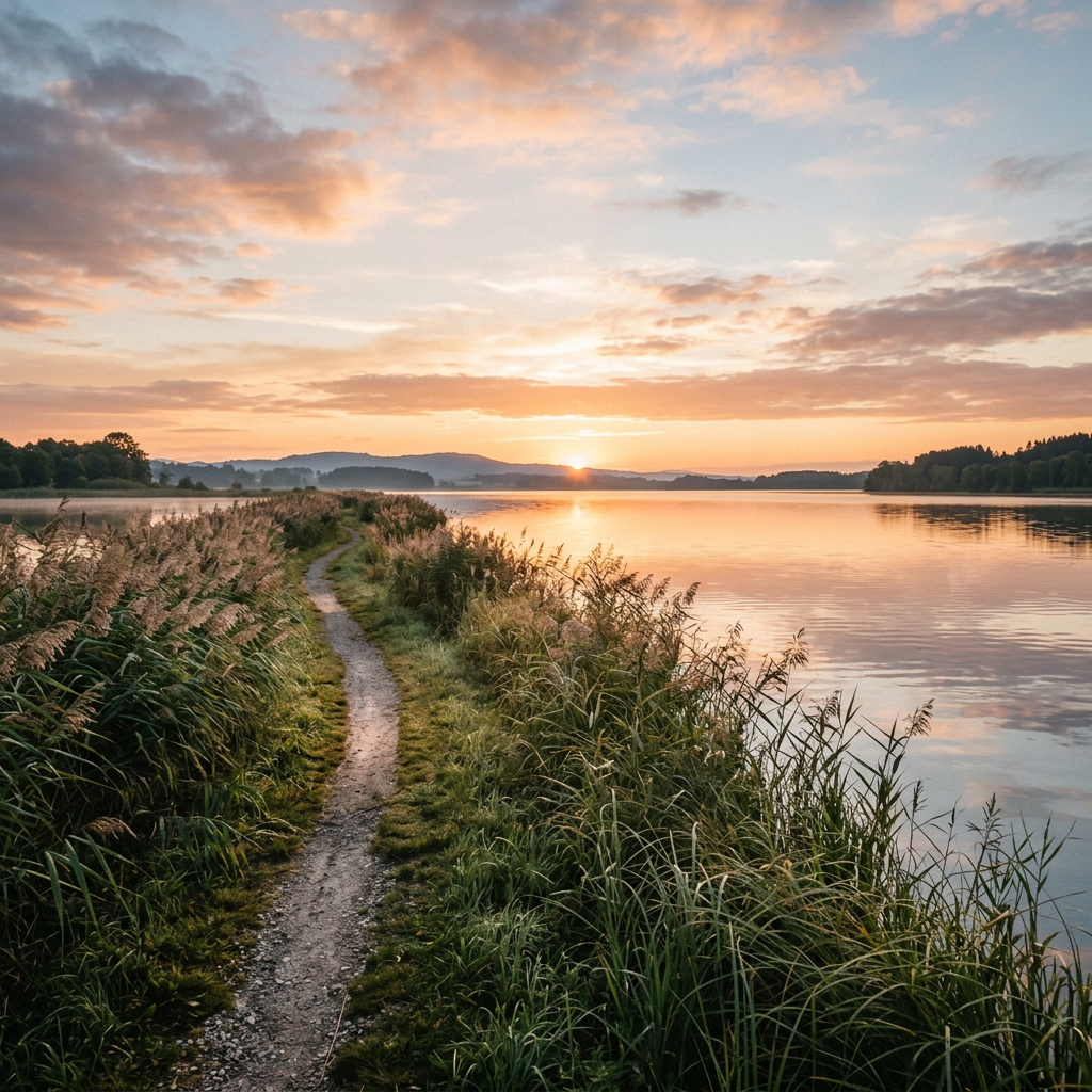 Narrow lakeside trail through reeds at sunset with distant hills