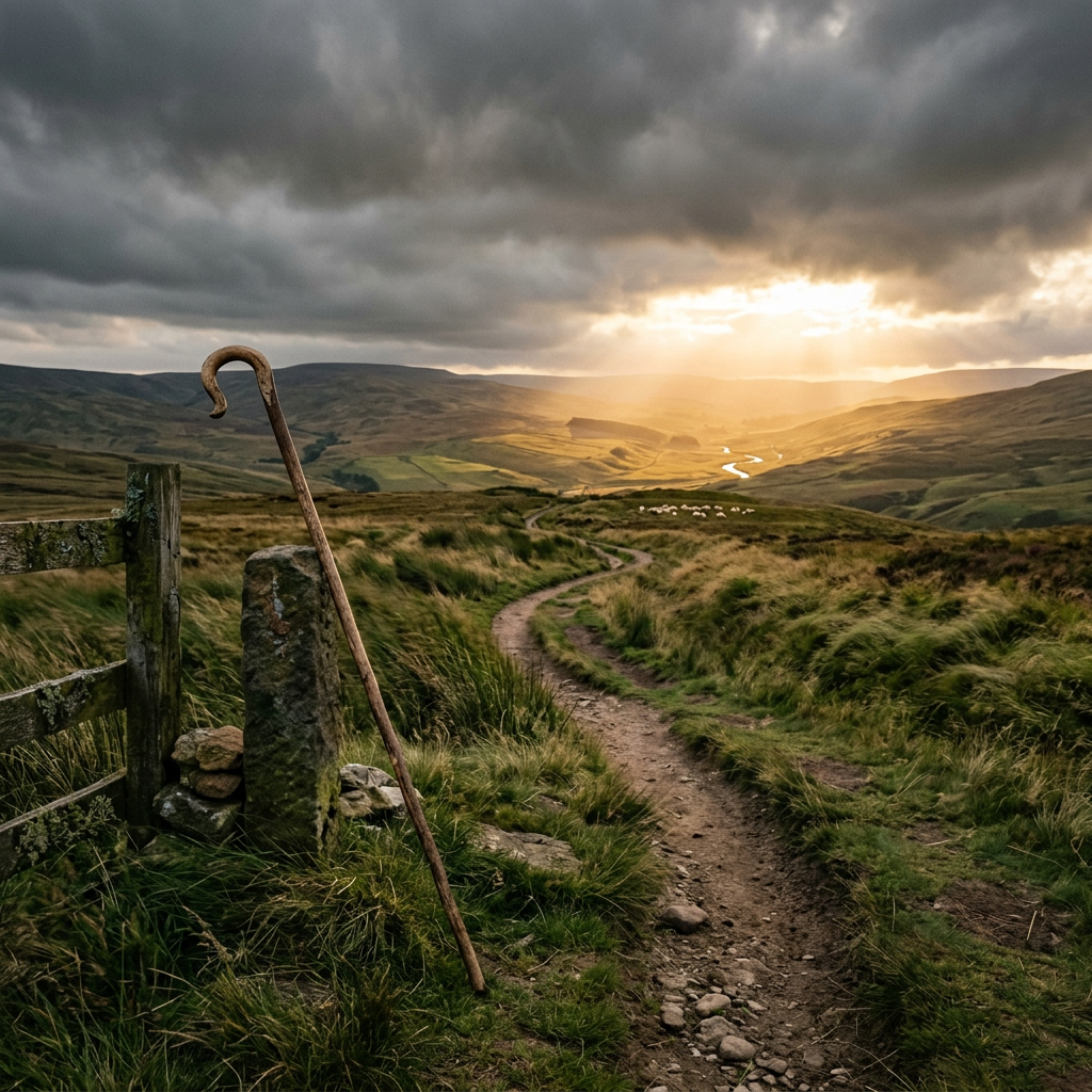 Winding dirt trail through grassy hills toward a sunset-lit valley