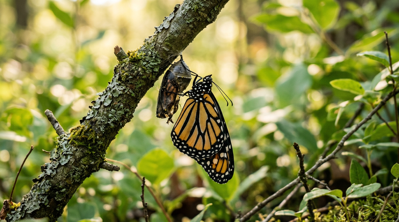 Monarch butterfly beside its empty chrysalis on a mossy tree branch