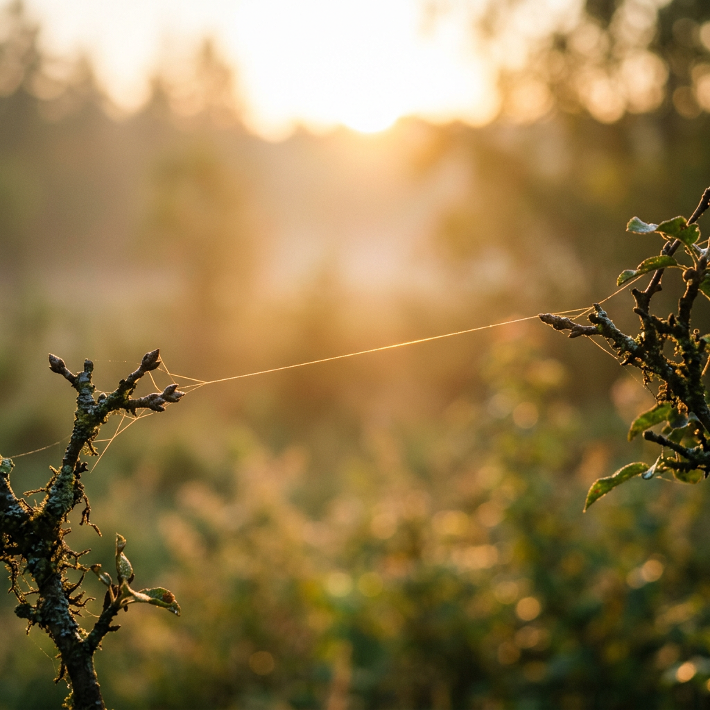 Spider web stretched between lichen-covered branches in golden sunset light