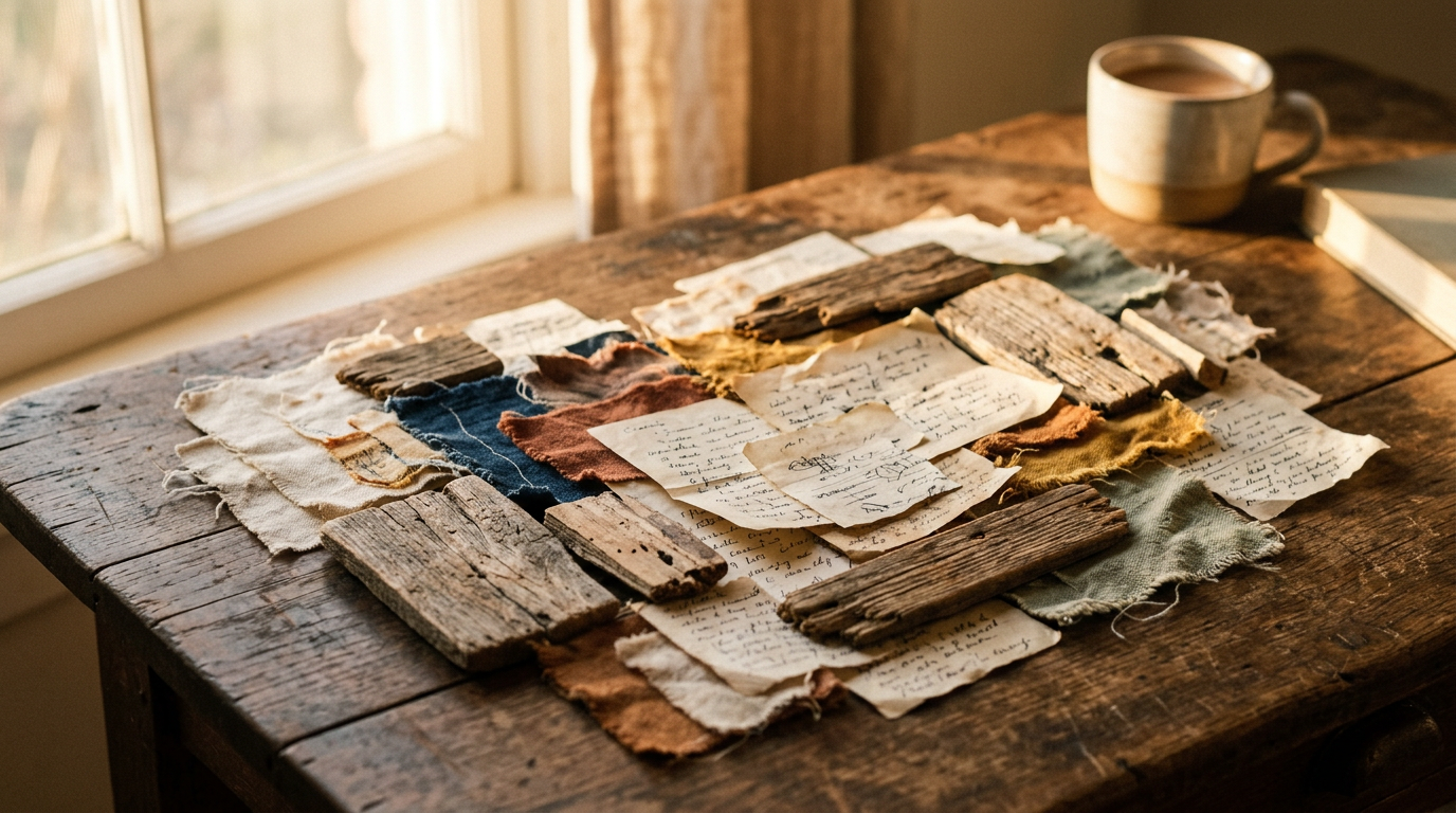 Handwritten notes, fabric swatches, and weathered wood on a desk beside coffee