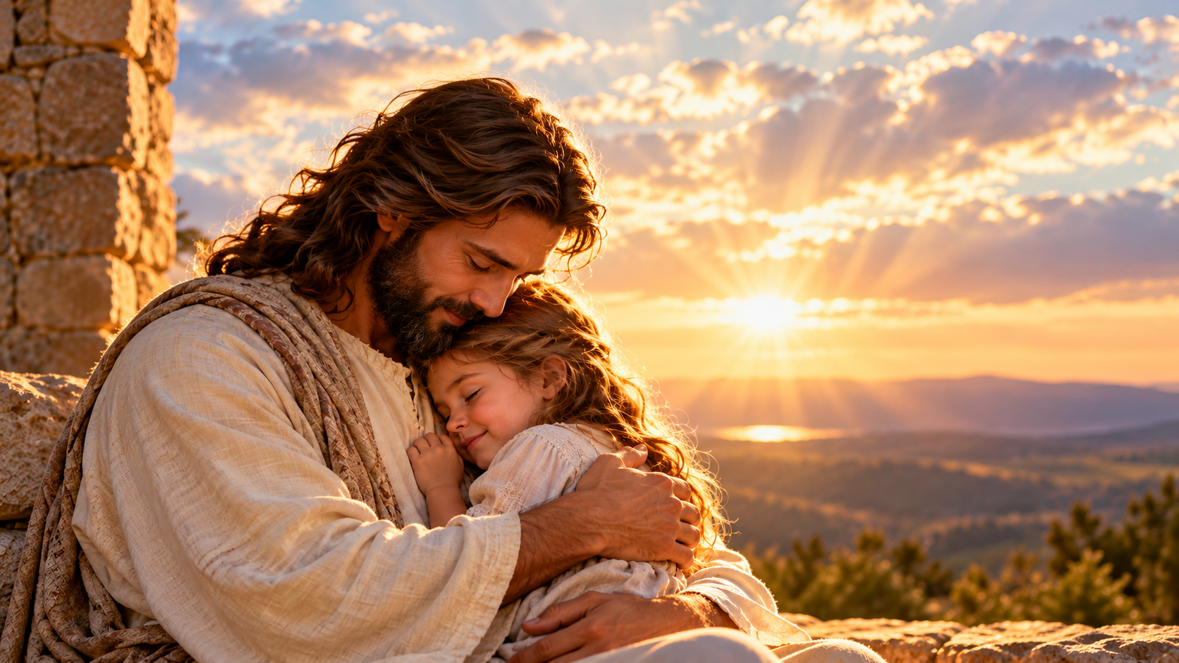 A child resting safely in her Father’s arms